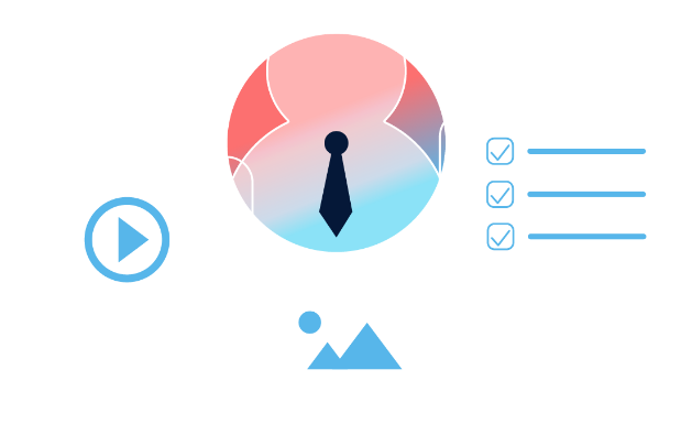 Utilisateur avec une cravate au milieu d'écrans de site internet présentant une vidéo, une image et un quiz